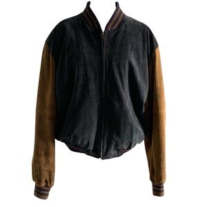 Vintage Y2K 90s Colebrook Men’s Large Tan & Navy Suede Varsity Leather Jacket